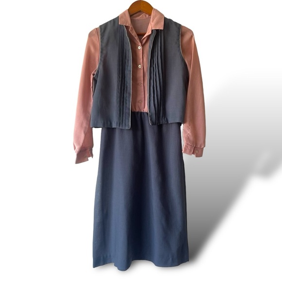 Vintage Pink & Blue Long Dress with Vest Set Women's M Retro Spring - Picture 1 of 5